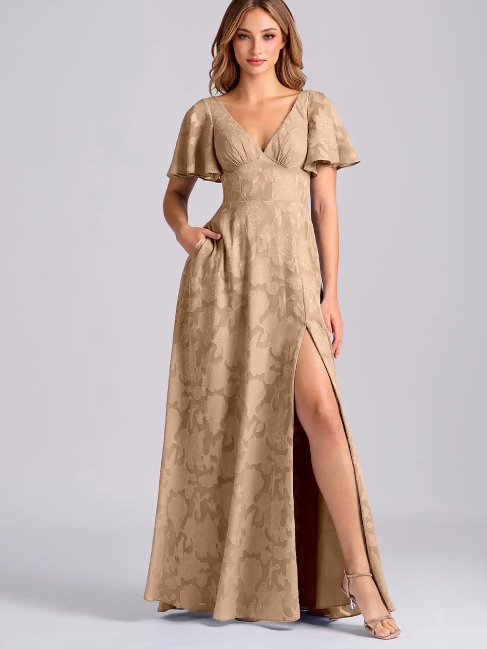 Azazie Kimber Champagne Burnout Bridesmaid Dress Size 12